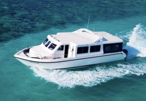 A fast boat driving through the ocean