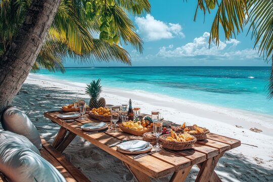 Table and food on the white sandy beach in maafushi